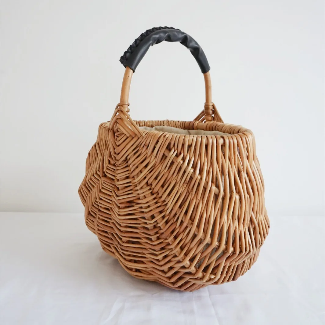 DSA Handmade Rattan Picnic Vegetable Basket Oval Straw Vintage Bucket Storage