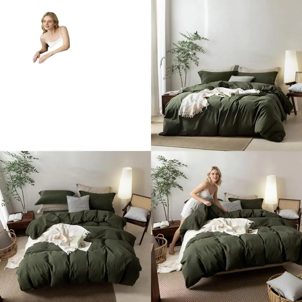 

Linen Feel Olive Green Duvet Cover Queen Size 90'' L x 90'' W, Percale 100% Washed Cotton Duvet Cover with Zipper Closure Plus 2