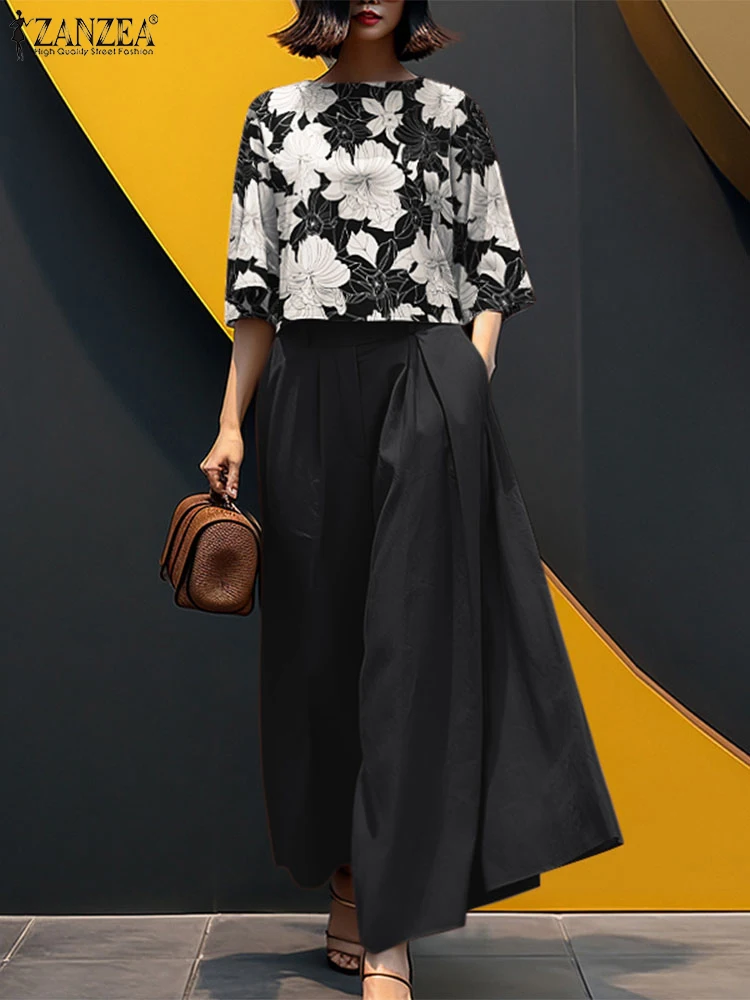 

2025 ZANZEA Summer Pant Sets Fashion Matching Sets Women 3/4 Sleeve Printed Blouse Wide Leg Trousers Suit 2PCS Outfits Oversize