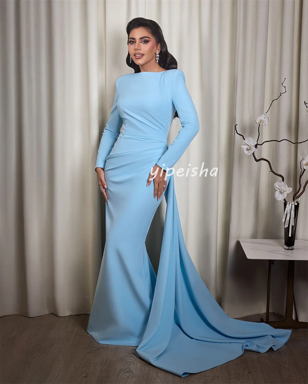 Customized High Quality Simple Pleat Ruched Mermaid Scoop Neck Long Dresses Bespoke Occasion Dresses Matching Fashion Classic