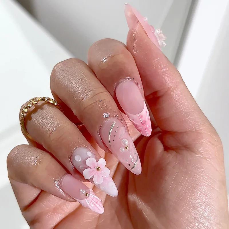 

24Pcs Mid-length French Almond Nails Set Press on 3D Flower Pearl Fake Nail Shell Pattern Detachable Full Cover False Nails Tips