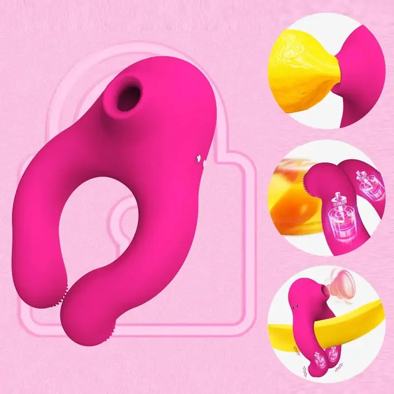 Hand Free Vibrating Penis Ring For Clitoris Double Vibrator Penis Case Suction Cup Pussy Lick Machine Sex Tool Men Women