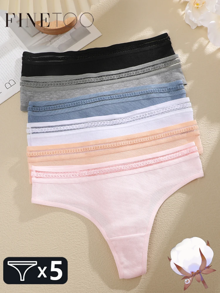 FINETOO 5PCS Cotton Striped Underwear for Women Sexy Hollow Out Waist Briefs Female Stretch Low Rise Lingerie Solid Panties S-XL