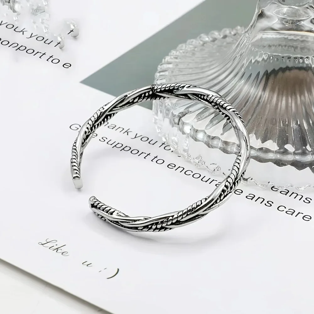One, European and American Antique Silver Bracelet, Male and Female Personality, Fried Dough Twists Opening Adjustable Bracelet