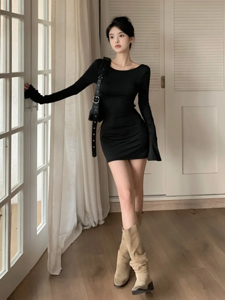 ADAgirl Backless Lace Up Black Sexy Dress Slim Fit Pagoda Sleeve Mini Dress for Women Elegant Fashion Ladies Hip Wrap Dresses