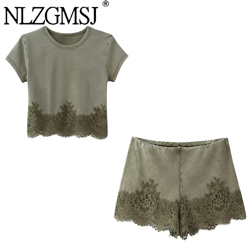 NLZGMSJ 2026 Sommer Lässiges Schickes Damen-Spitzen-Set O-Ausschnitt Kurzarm-Oberteil Gerade Geschnittene Lockere Shorts Modische Urlaubssets