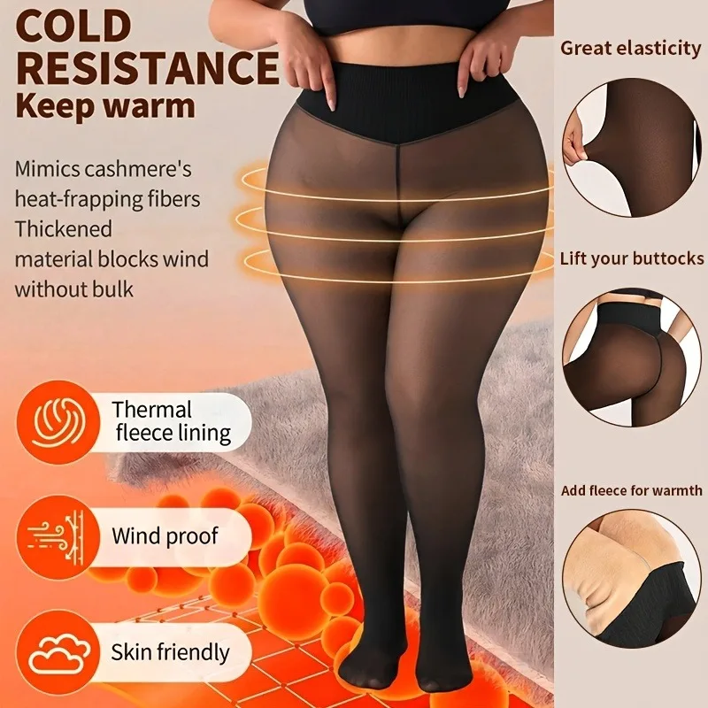 2026 New One Seam Fleece Lined Tights Sexy Black Shaping Thermal Leggings Translucent Pantyhose Sheer Fleece Leggings Plus Size