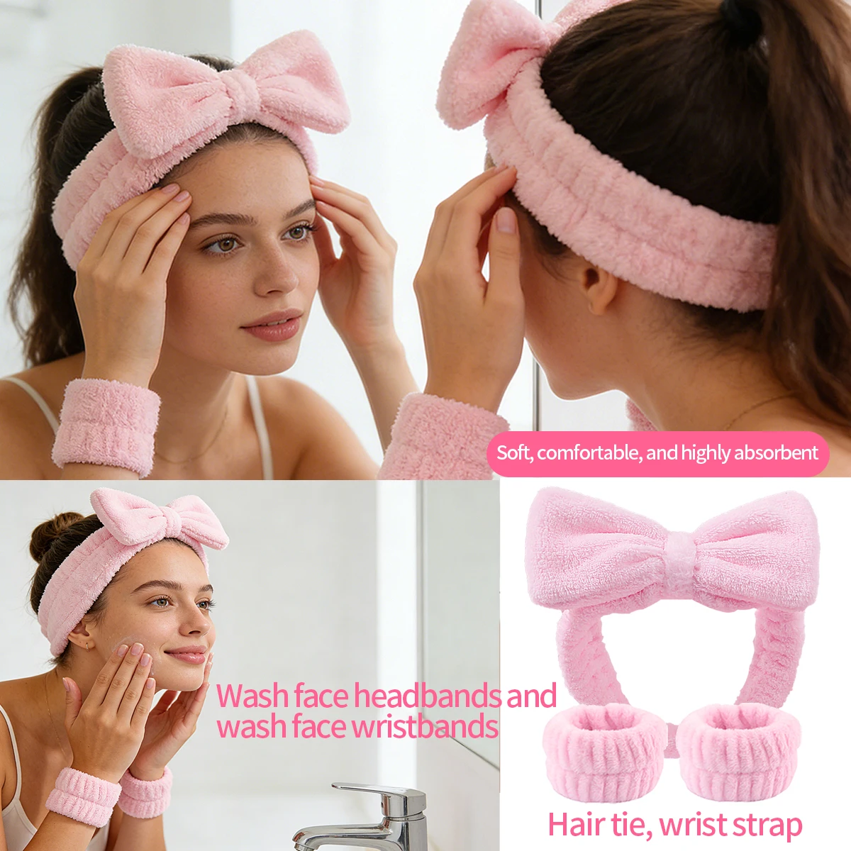 18個入り多目的メイクブラシセット＆ソフトヘアバンドリストバンド、丸型パウダーパフ＆ノンスティック扇形パウダーパフ