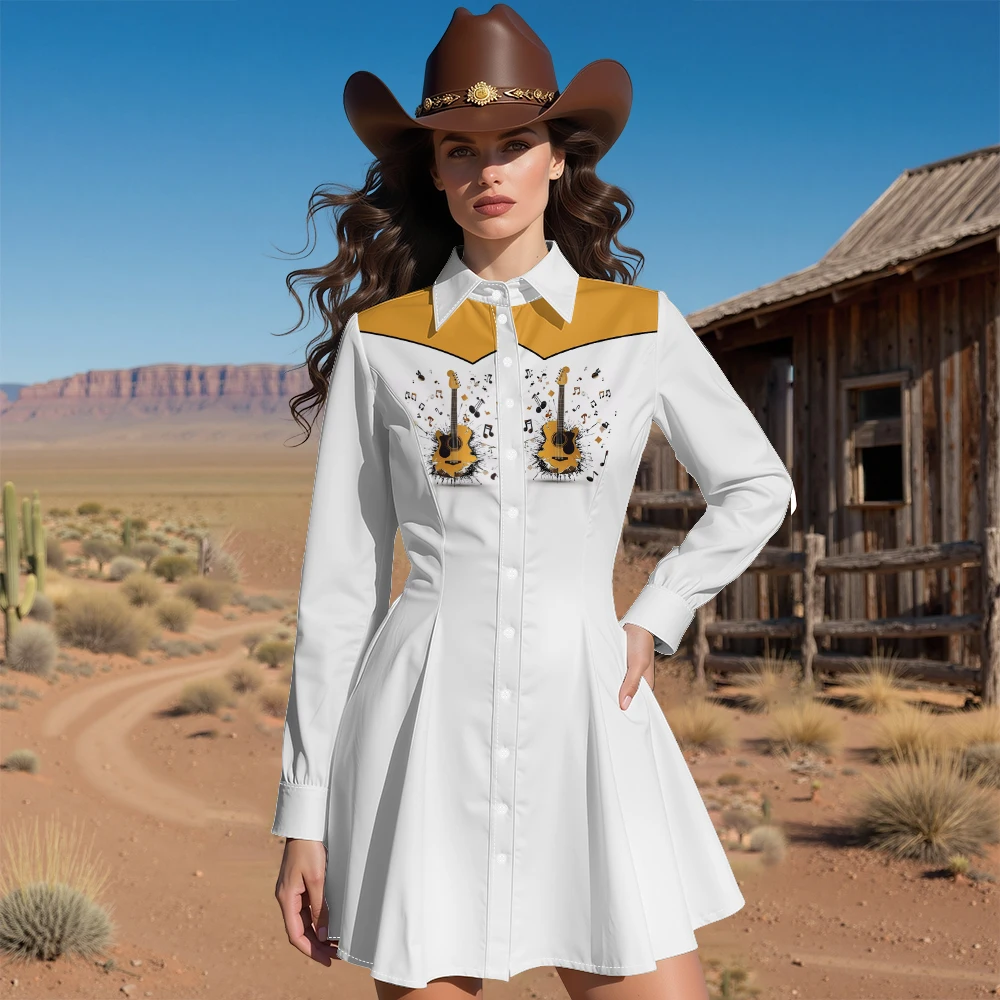 فستان راعية البقر من Punk Rock للنساء على شكل جمجمة وموسيقى ملاحظة مطبوعة بأكمام طويلة فستان متوسط الطول باللون الأرجواني على الطراز القوطي الغربي