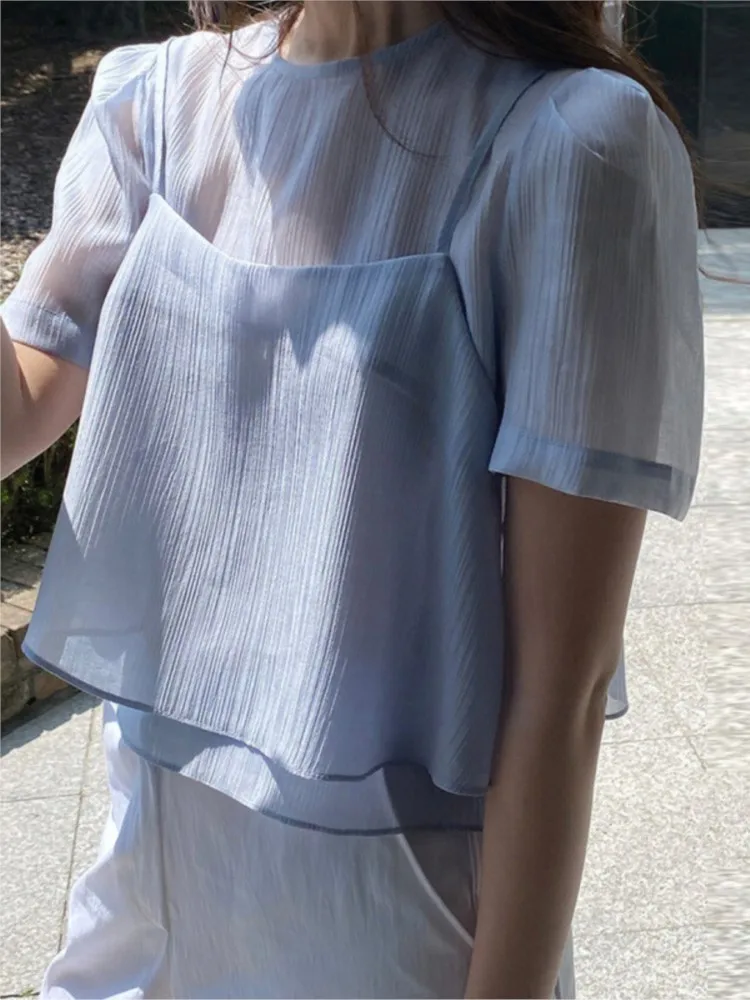 

Thin Micro Perspective Camisole Top Two-piece Set Women Korean Short Sleeve Shirt Summer 2025 New Fashion Solid Simple Shirts