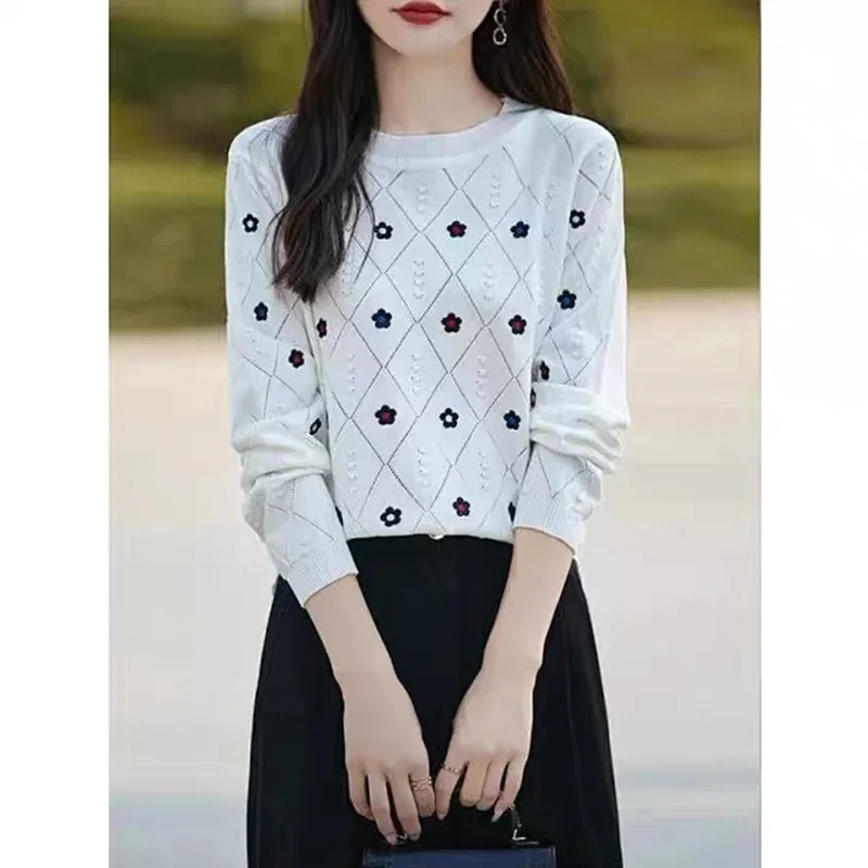 Women Commute Elegant Warm Knitwear Tops Autumn Winter Floral O-neck Loose Knitted Pullovers Soft Comfort White Sweaters