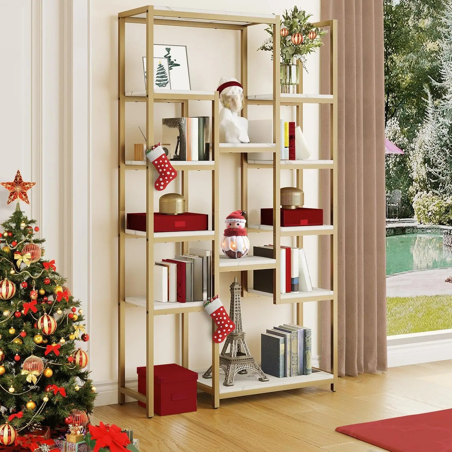 

6-Tier Gold Bookshelf with Faux Marble Finish, Modern Open Display Storage for Living Room, Bedroom, or Office