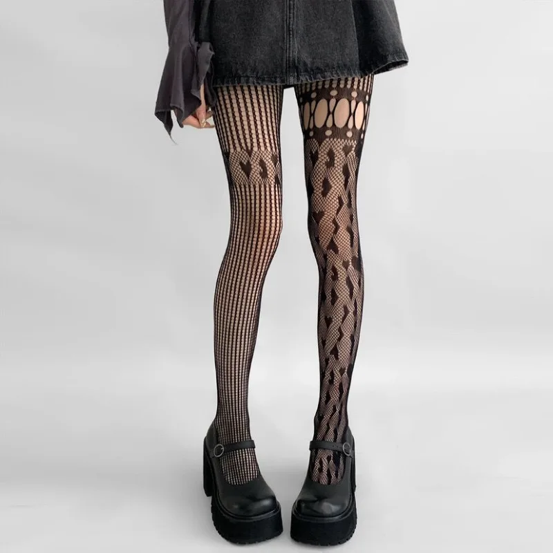 Sexy Fishnet Hollow Out Heart Pantyhose Women New Asymmetric Design Holes Slim Mesh Tights JK Japanese Style Y2k Nylon Hosiery