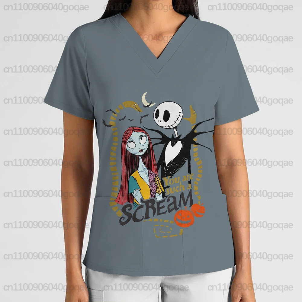

Женская униформа медсестры «Кошмар перед Рождеством» с принтом Джека и Салли, женская карманная футболка для салона красоты, скраб для домашних животных, топ