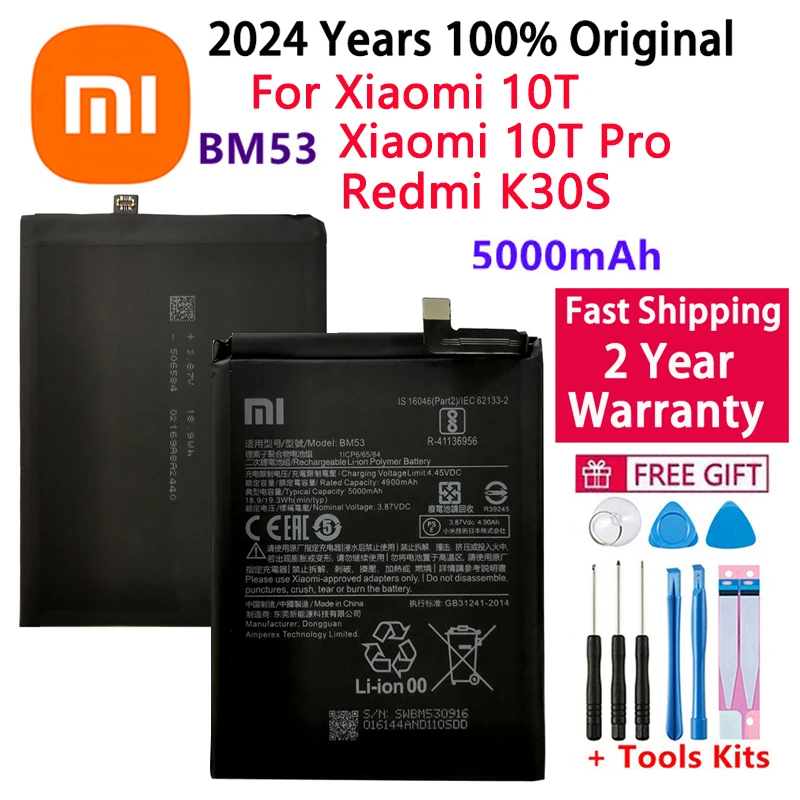 2024 Years 100% Origina Replacement Battery BM53 For Xiaomi 10T 5G / 10T Pro 5G / Redmi K30S 5000mAh BM53 Batteries Bateria