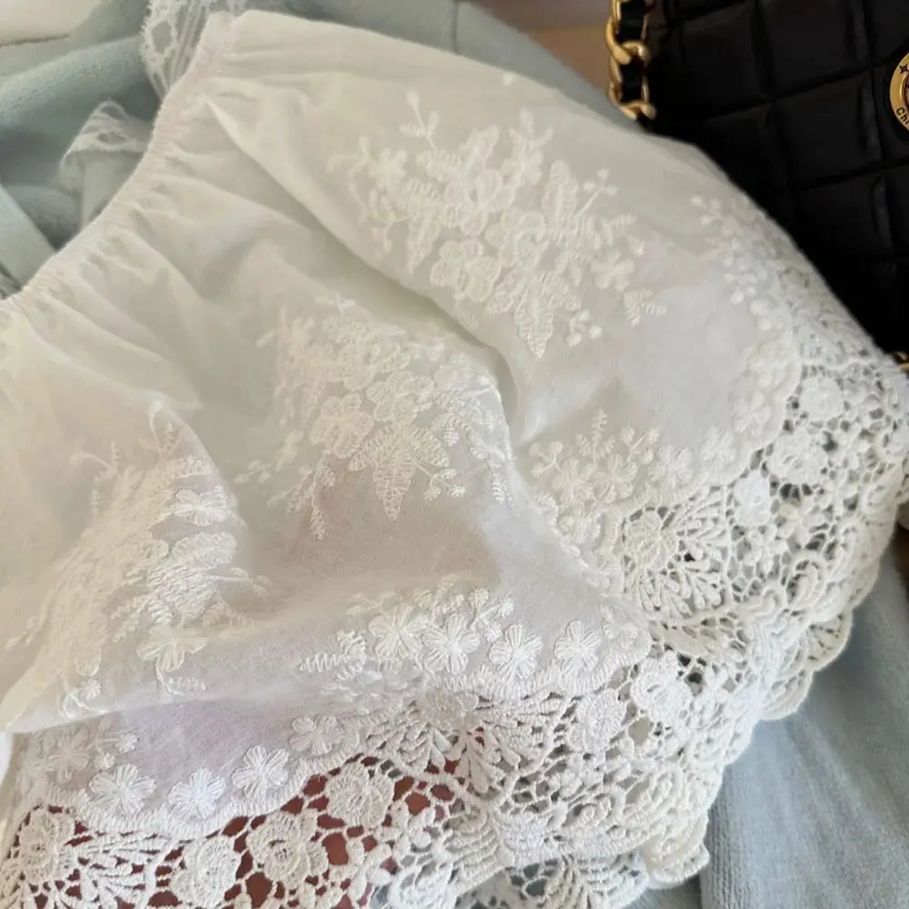 Biała bawełniana krótka do średniej długości damska spódnica dolna letnia cienka koronkowa tkanina elastyczny pas modny styl warstwowy przedmiot — zdjęcie 7