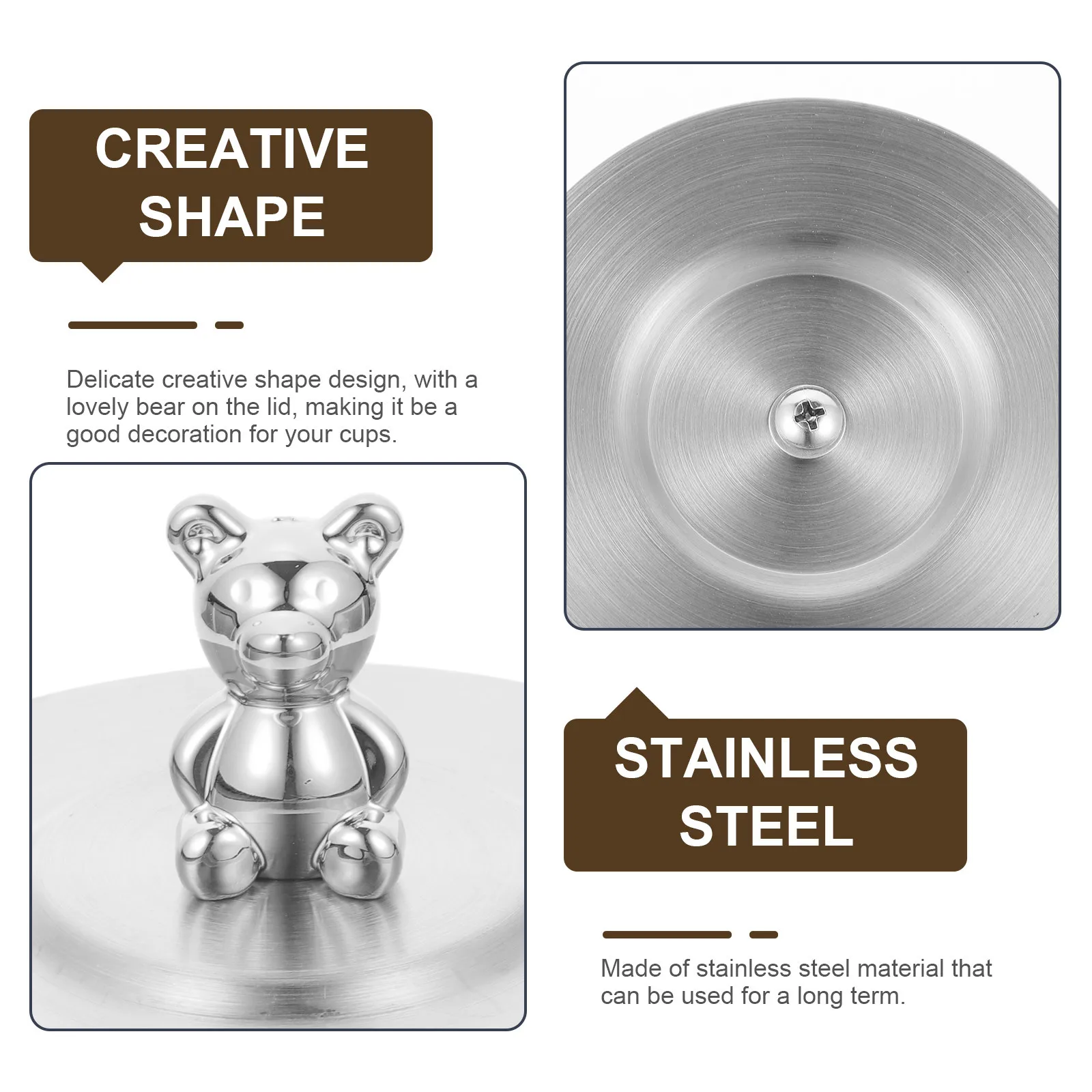 

Stainless Steel Mug Lid Cute Bear Design Leak-Proof Reusable Cup Cover For Coffee Tea Wine Lemonade Universal Sealing Lid