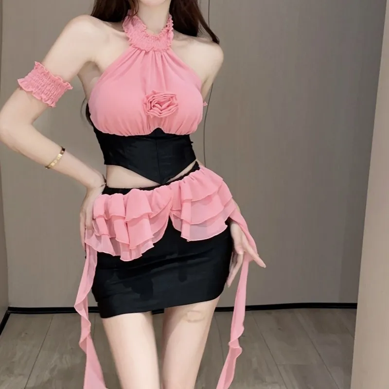 

Sexy Bow Strapless Tops+Ruffle Edge Mini Skirt 2-piece Set Summer Women's Sets Flower Backless Lace-up Wrap Chest Solid Set