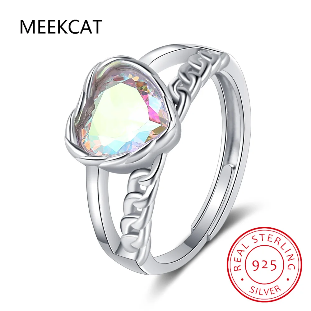 925 Sterling Silver Minimalist Rainbow Colorful Heart Zirconia Chain Rings Classic Wedding Statement Jewelry For Women Gift