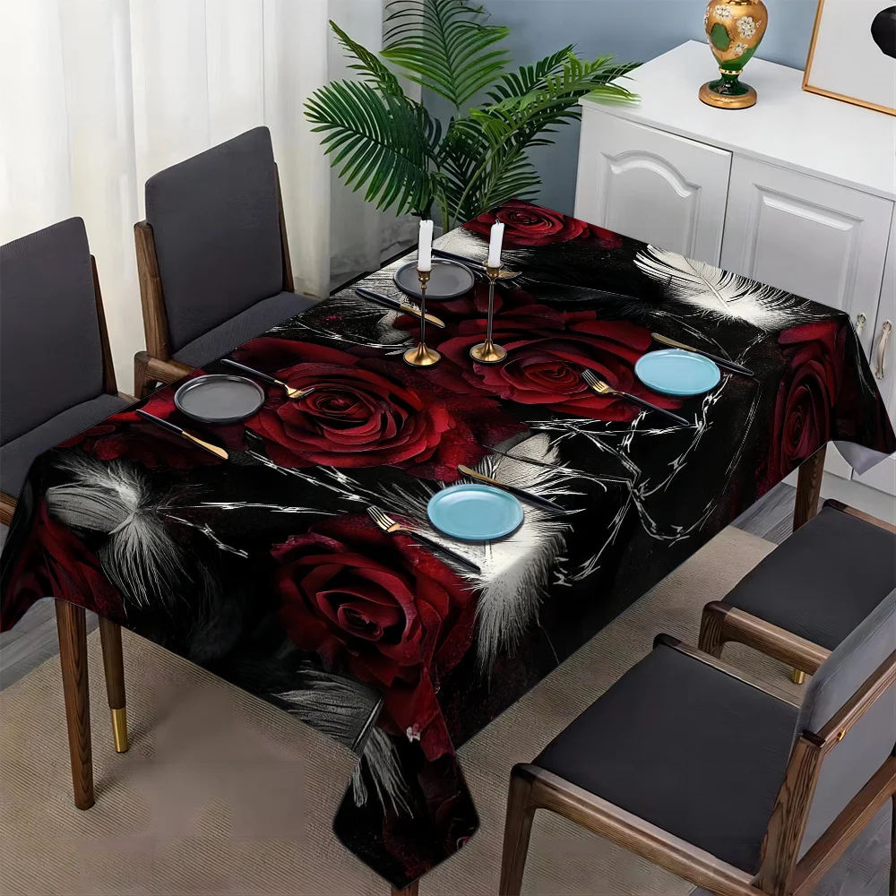 Elegant Black Red Rose Floral Waterproof Tablecloth Runner for Dining Room Centerpiece Decor