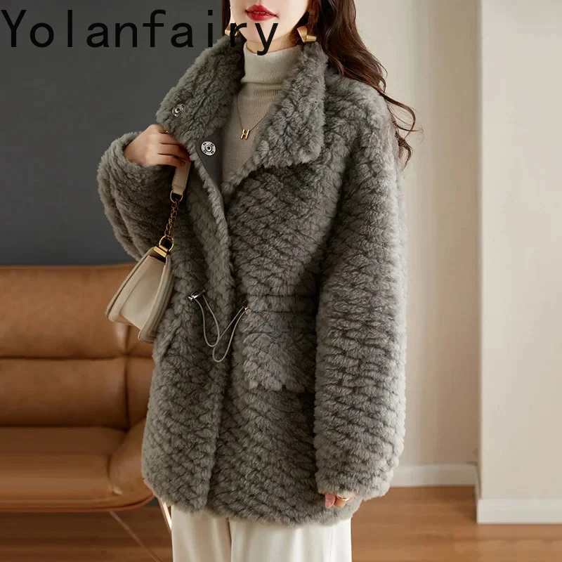 

2024 Casual Sheep Shearing Jacket for Women Winter Solid Color 100% Granular Wool Coat Loose Fur Coats Chaquetas Para Mujer