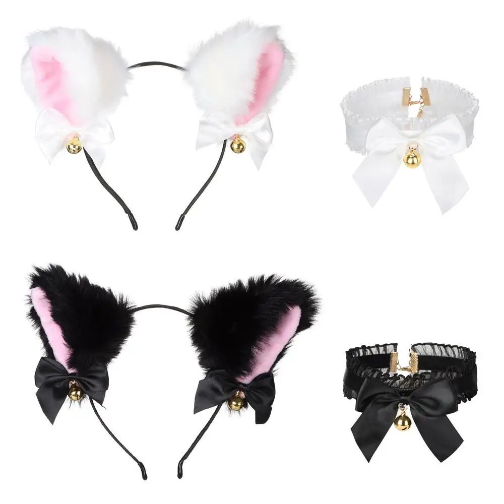 

2 Pcs For Costume Party Plush Furry With Bells Cat Ear Headband Cosplay Headwear Necklace Fancy Dress Hairband