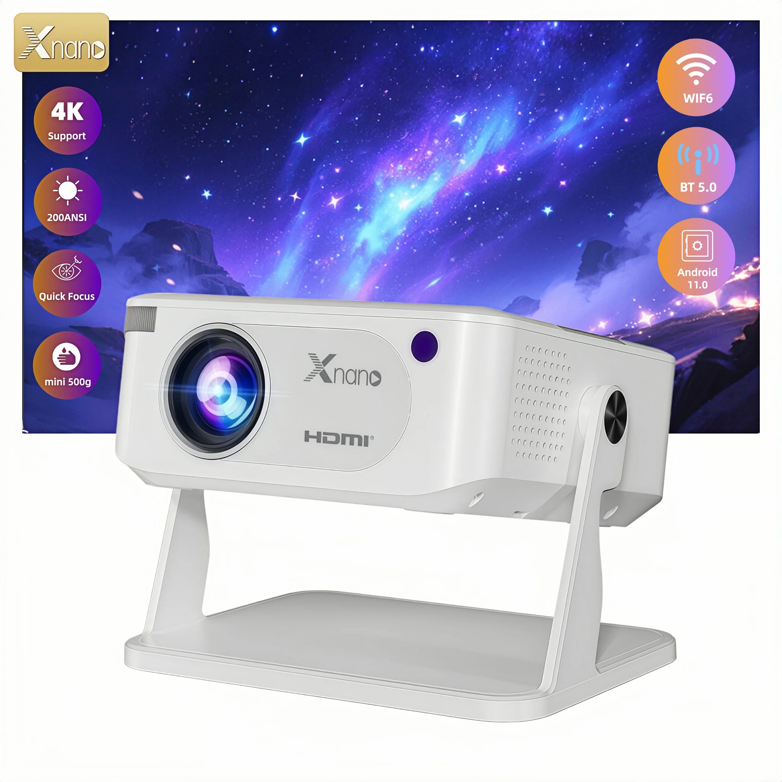 Xnano HA109 Native 720p Projector, 200 ANSI Lumens, Android 11.0, Wi-Fi 6, Bluetooth 5.0, Portable Mini Projector, 4K Decoding, 360° Rotatable Stand, Auto Keystone Correction, Home Theater and Outdoor Movie Projector for the Bedroom