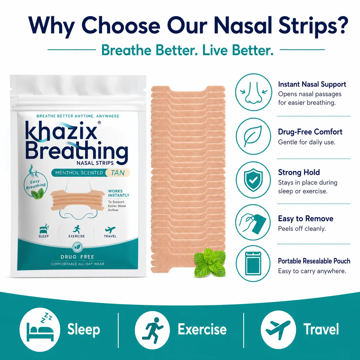 30PCS Menthol Nasal Strips for Easier Breathing, Comfortable Nose Strips for Sleep Exercise Travel Daily Use