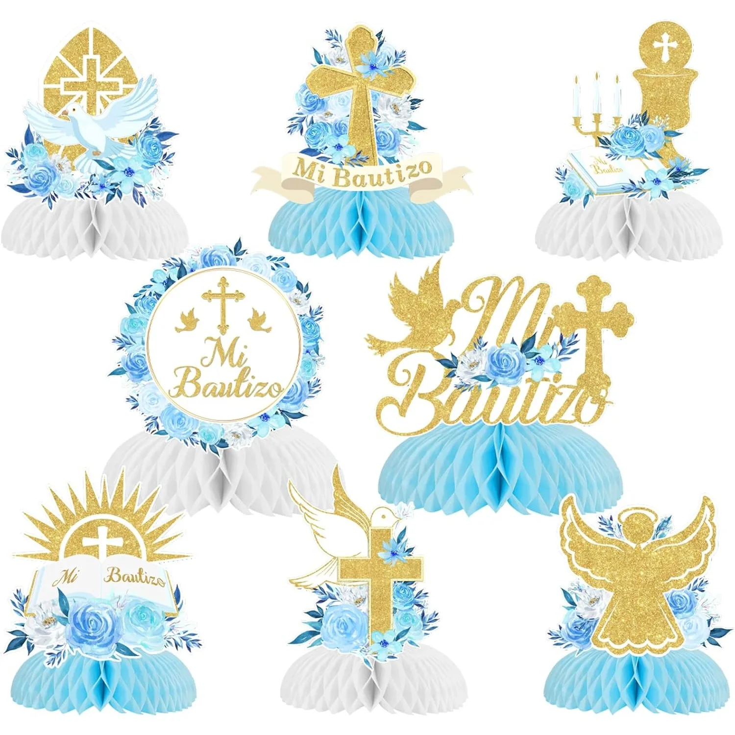 8 Uds Mi Bautizo bautismo centros de mesa de panal decoraciones para Baby Shower, decoración de mesa Floral azul Dios bendiga primera comunión