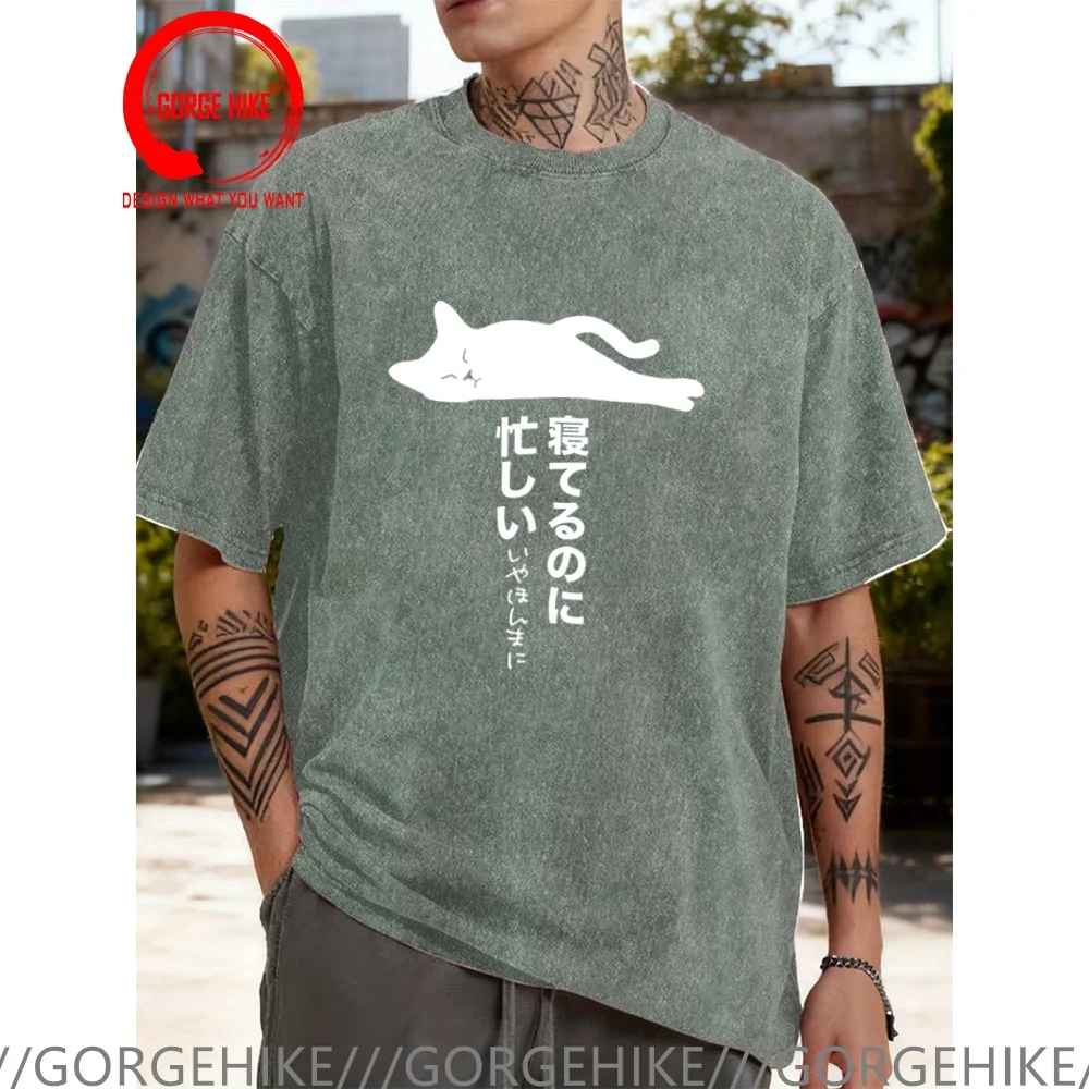 Vintage Washed Cotton T-Shirt Funny Designer Funny Lazy Cat T Shirt Men Fashion Trendy Casual Clothing Stylish Tops Tees