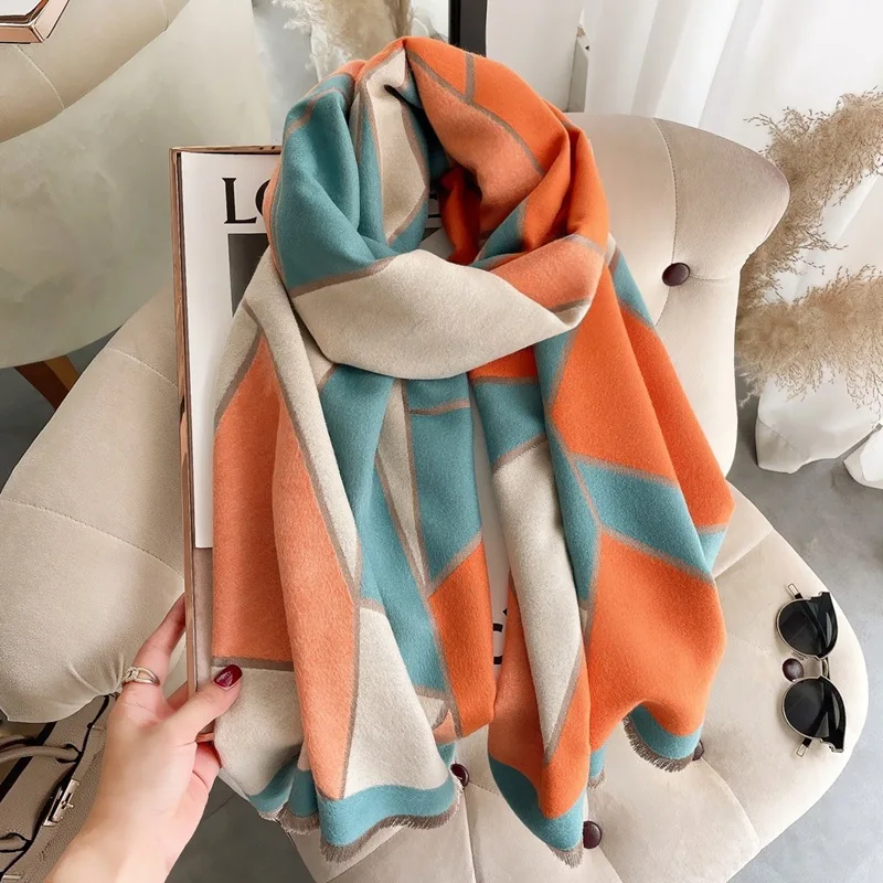 

2022 Warm Blanket Winter Scarf for Women New Fashion Geometric Print Cashmere Pashmina Shawl Wrap Female Thick Blanket Stoles