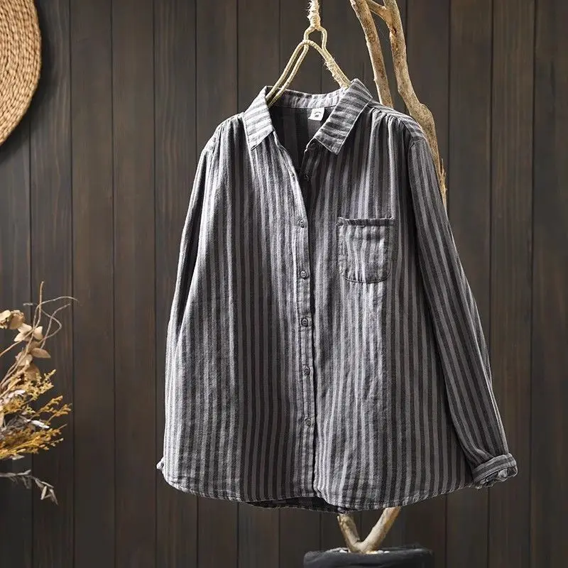 

Spring Casual Korean Fashion Loose Striped Long Sleeve Dignified Intellectual Generous Sven Bright Easy Close to the People Wild