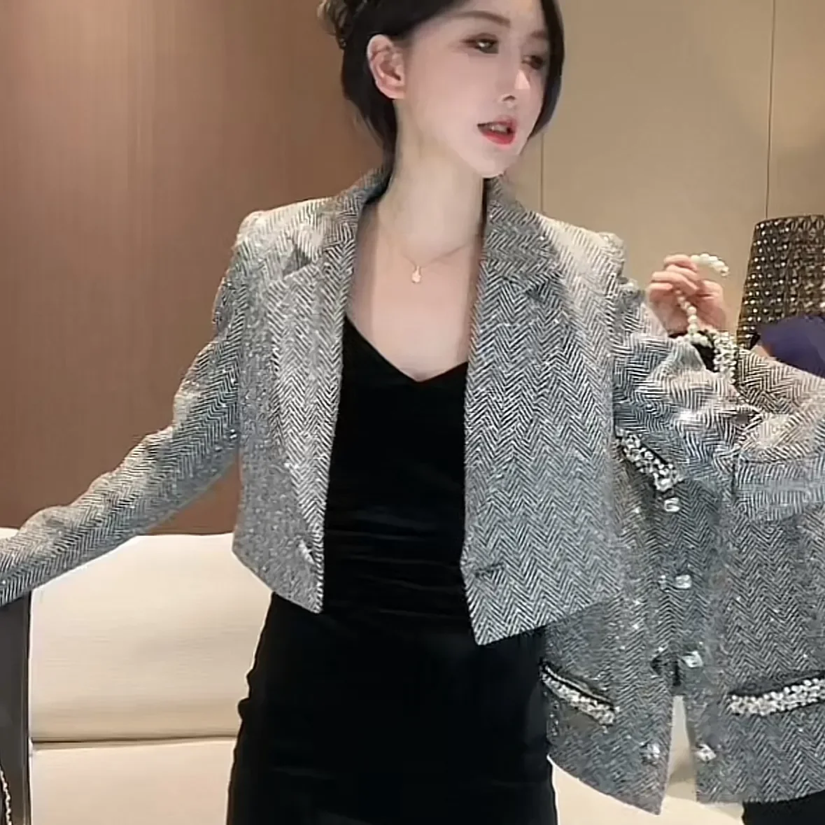 Korean Diamond Luxury Gray Jackets Frence Fashion Office Lady Women Blazers Coats Spring Vintage Formal Party Wedding Clothes