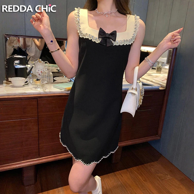 

ReddaChic Color Block Bowknot Tank Dress Women Kawaii Square Neck Sparkle Diamond Lace Trim Babydoll Mini Dress Summer Clothes