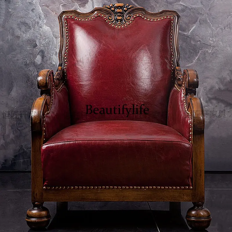 American retro old solid wood single sofa European small apartment living room simple light luxury leather leisure tiger chair