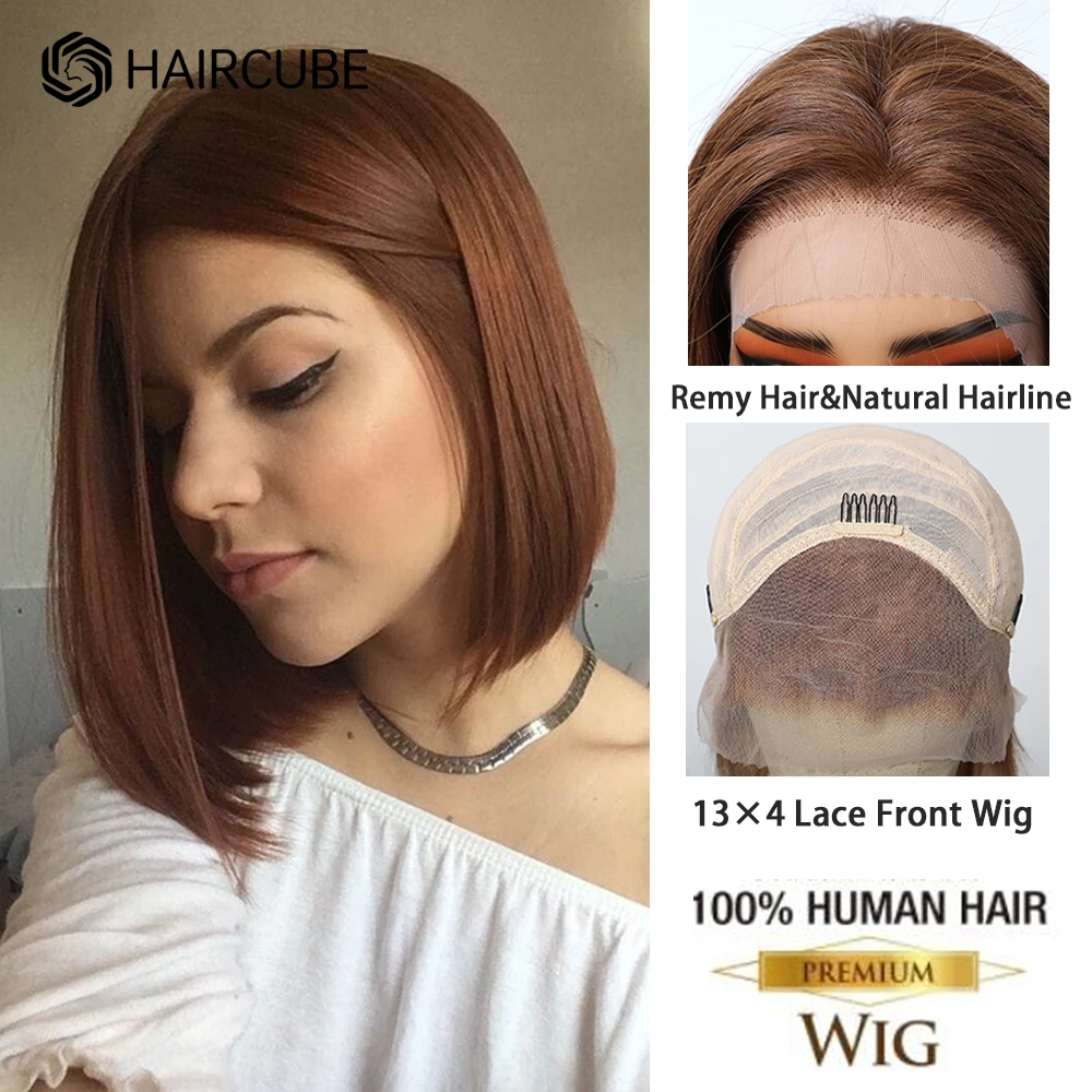 Remy natural bob lace front perucas, cabelo natural, marrom, curto, reto, 13x4, para as mulheres, uso diário