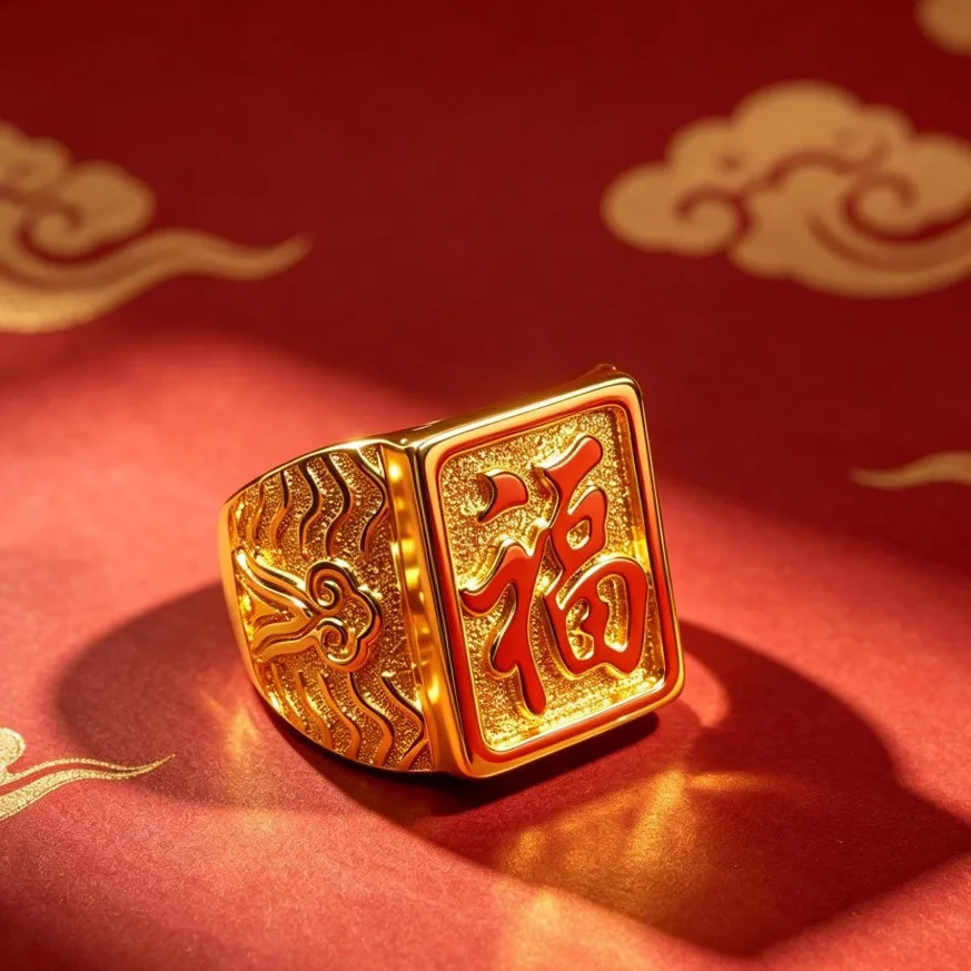 Designed for business and daily occasions, this men's Fu character open ring adopts pure 24K Gold AU999 as raw material