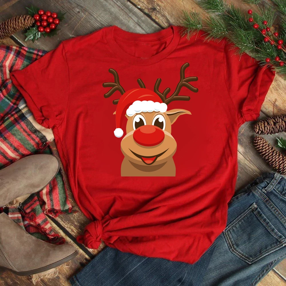 Funny Santa Claus with Christmas Elk Print Women T Shirt Casual Short Sleeve O-Neck Red Tshirt Ladies Y2k T-shirt Female