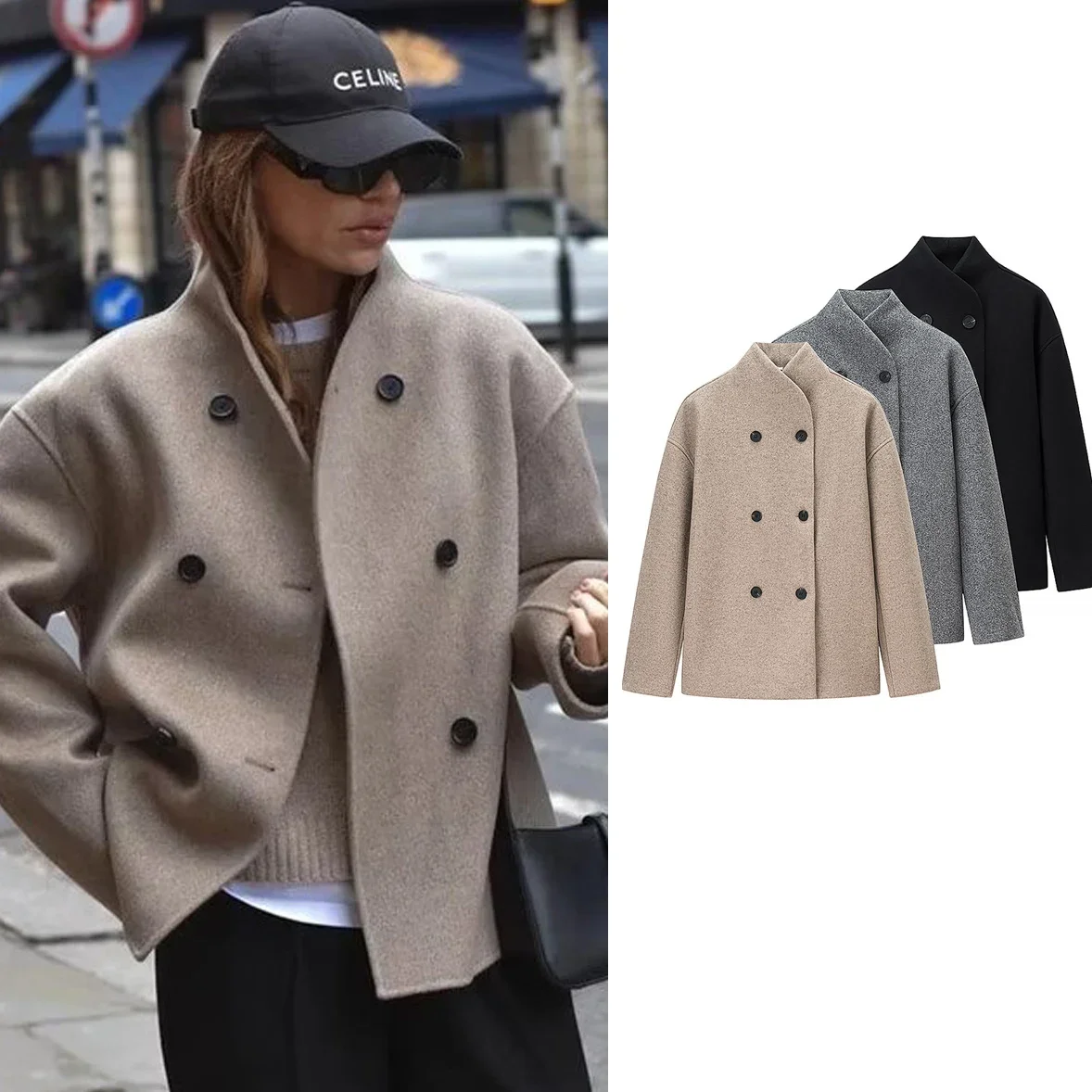 

Autumn Winter Women Woolen Coat New Fashion Women Double Breasted Elegant Long Sleeve Stand Collar Outerwear Chic Outfits