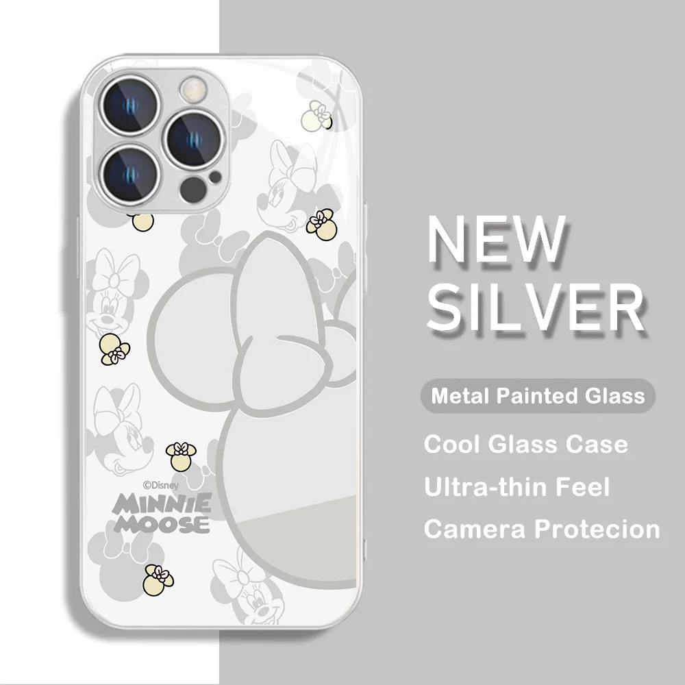 Cute Mickey Minnie Metallic-Color Phone Case For iPhone X XR XS 16 15 14 13 12 Mini 11 Pro Max 7 8 SE 20 Plus Glass Hard Cover