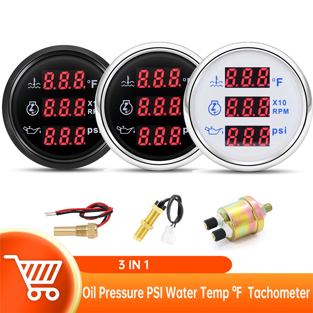 52mm Tachometer Oil Pressure Water Temp 3In 1 Multifunction Gauge with Senders Red backlight for Boat Car Truck ATV Gauge