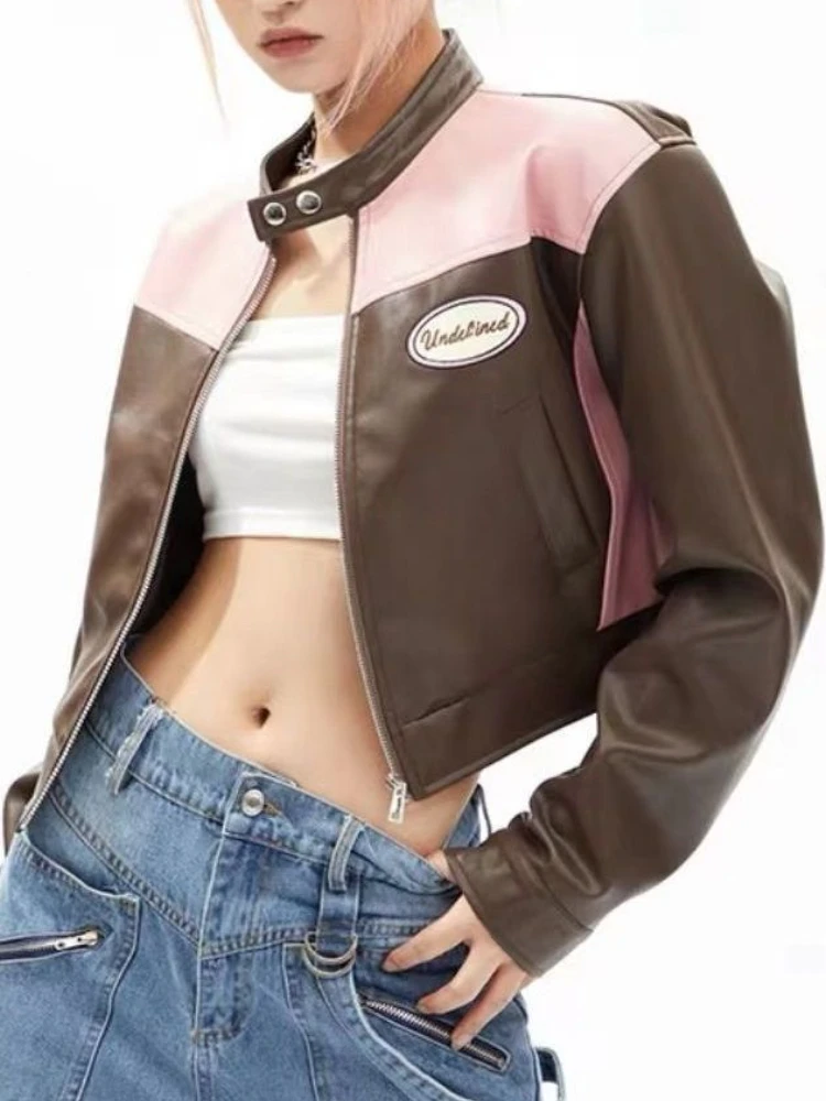 Vintage Punk Cropped Leather Jacket Women Korean Fashion Zipper Moto Biker Leather Coat Casual Streetwear Patchwork Faux Jacket