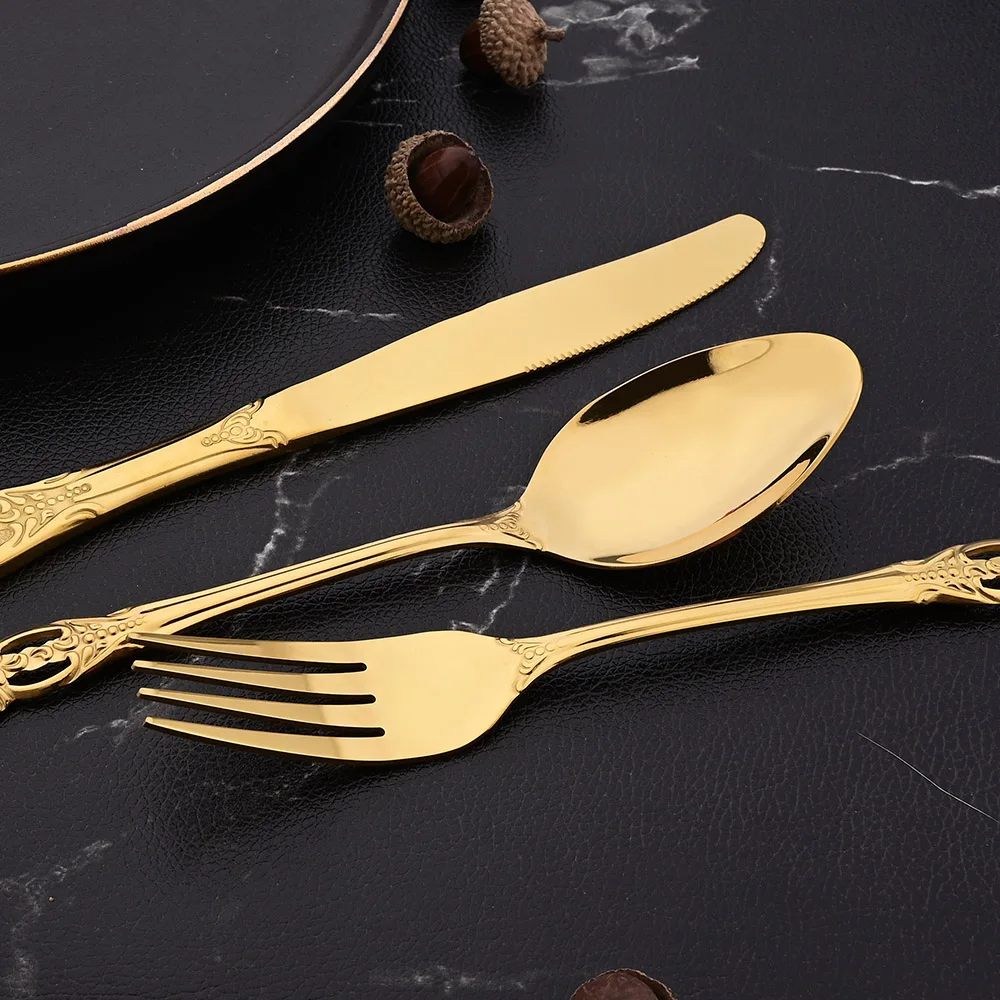5Pcs Royal Gold Dinnerware Set Knife Dessert Fork Spoon Cutlery Set Stainless Steel Silverware Kitchen Tableware Flatware
