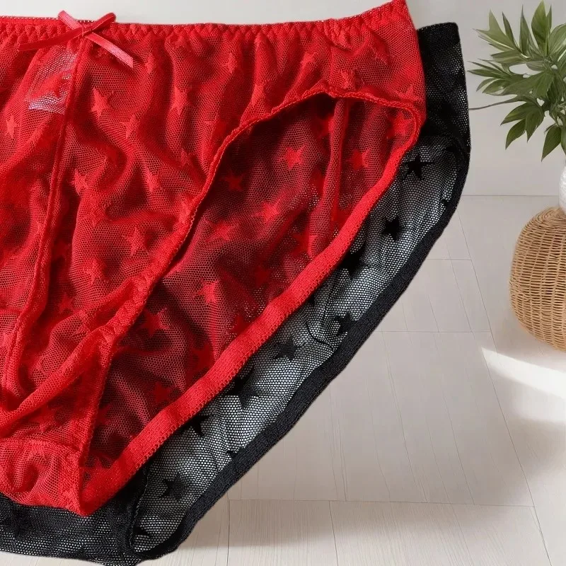 Men's Mid Low Waist Cross-Dressing Transparent Underwear Hollow Out Lace Bow Sweet Cute Sexy Convex Pouch Briefs