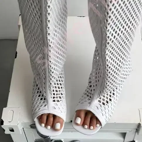 2026 Summer New Mesh Peep Toe Knee High Boots for Women Stiletto Heel Hollow Out Summer Boots Fashion See-Through Party Shoes