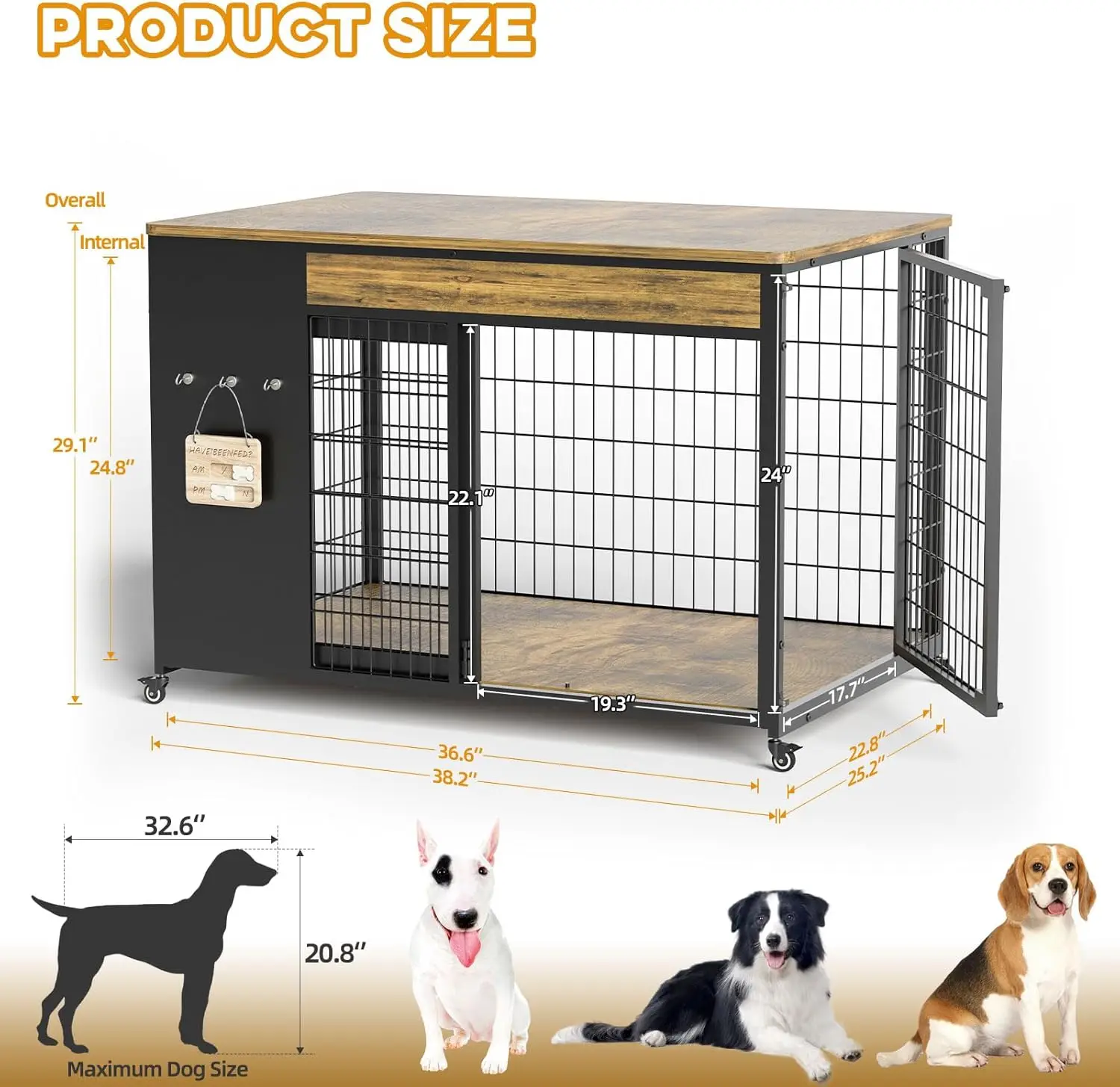 Móveis para caixa de cachorro de 38 ", caixa para cachorro com moldura DIY, canil interno com porta deslizante, mesa final de gaiola de madeira para cães, para médio/grande