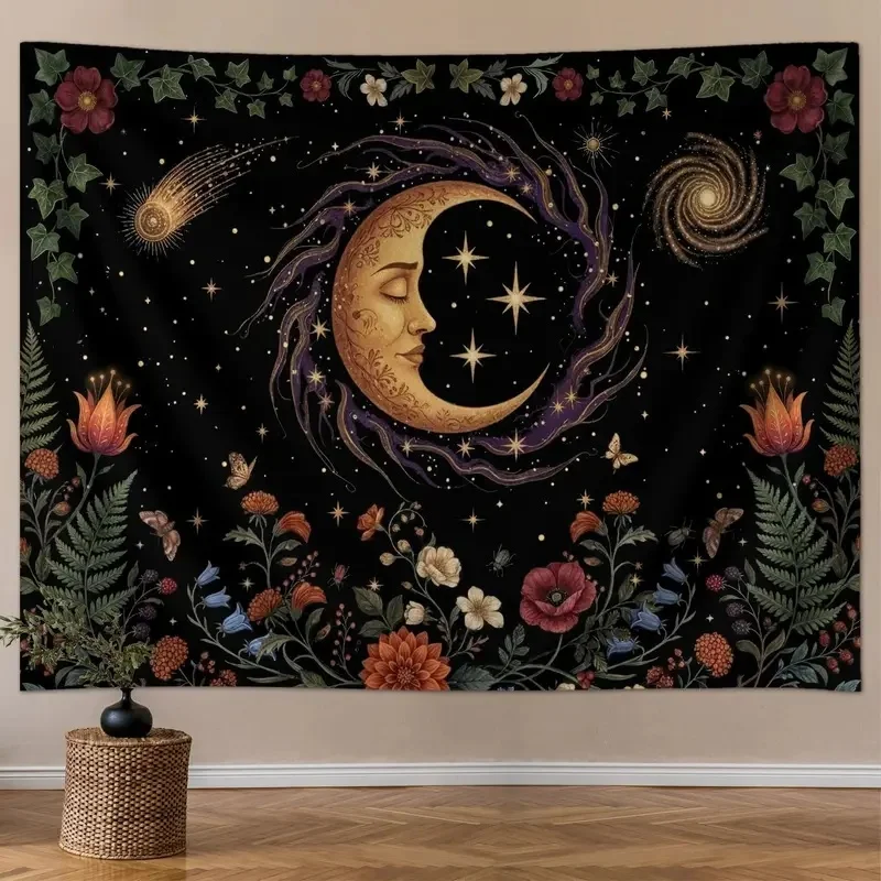 VIKAMA Mystical Moon Wall Hanging Crescent Moon Face Starry Sky Blooming Flowers Butterfly Tapestry Vintage Occult Wall Art for