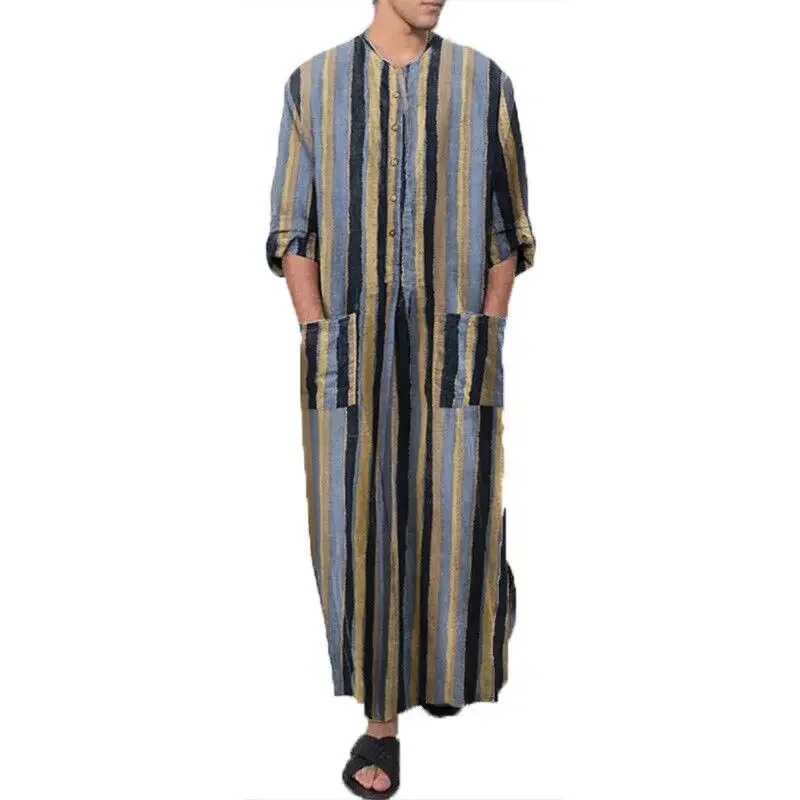 Mannen Overhemden Echt Linnen Katoen Nachthemden Badjas Lange Mouw Caftan Vakantie Strand Gewaad Moslim Kaftan Arabische Thobe Homewear