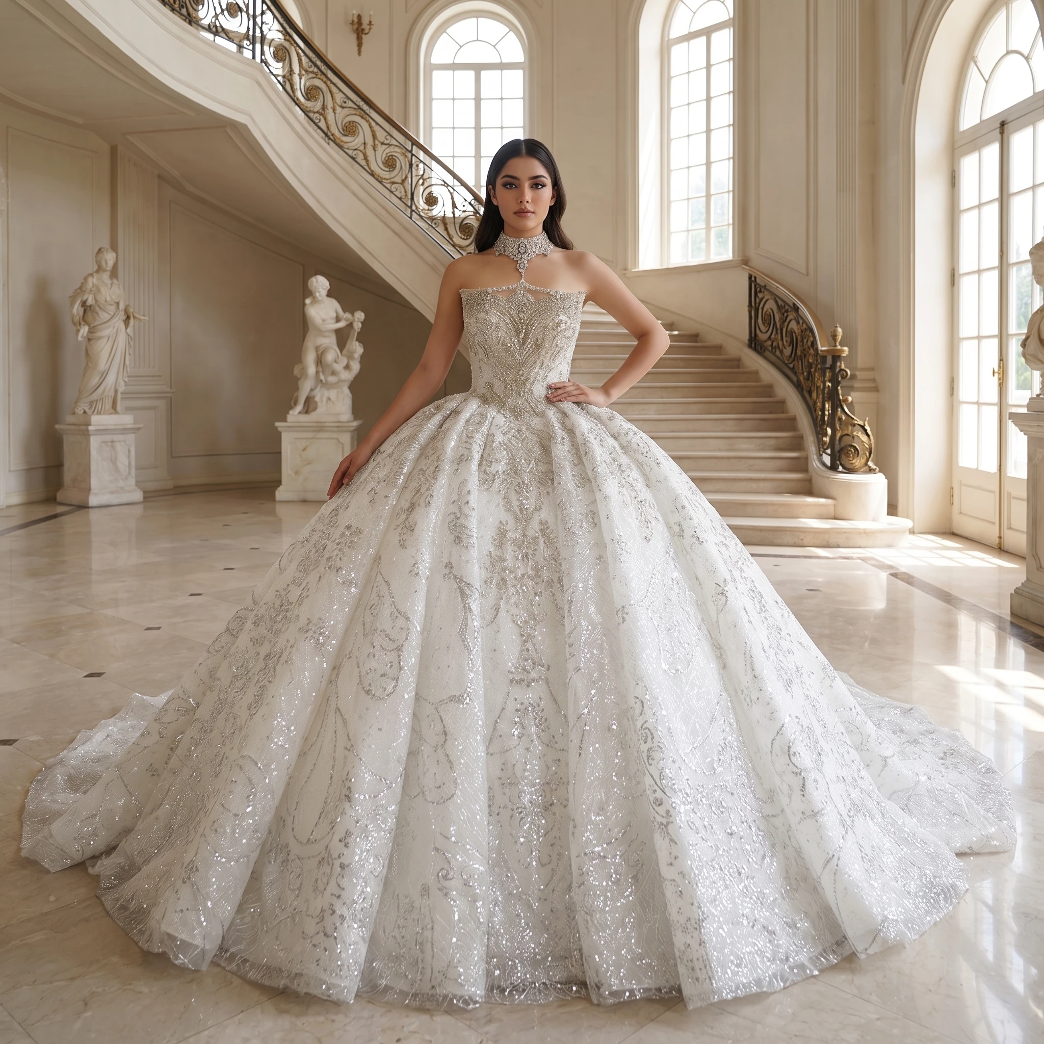 White Strapless Lace Organza Sleeve Wedding Ball Dress Customized Beaded Floor-Length Train Noble Lady Bridal Gown robe de marié