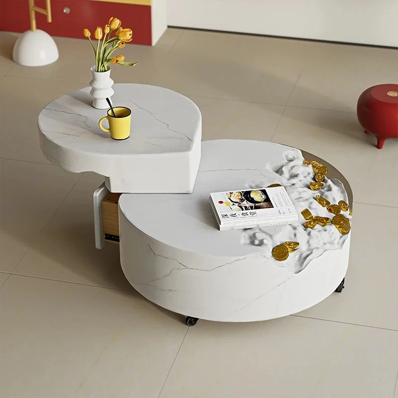 New small apartment mobile coffee table multi-functional round rotating transparent modern home
